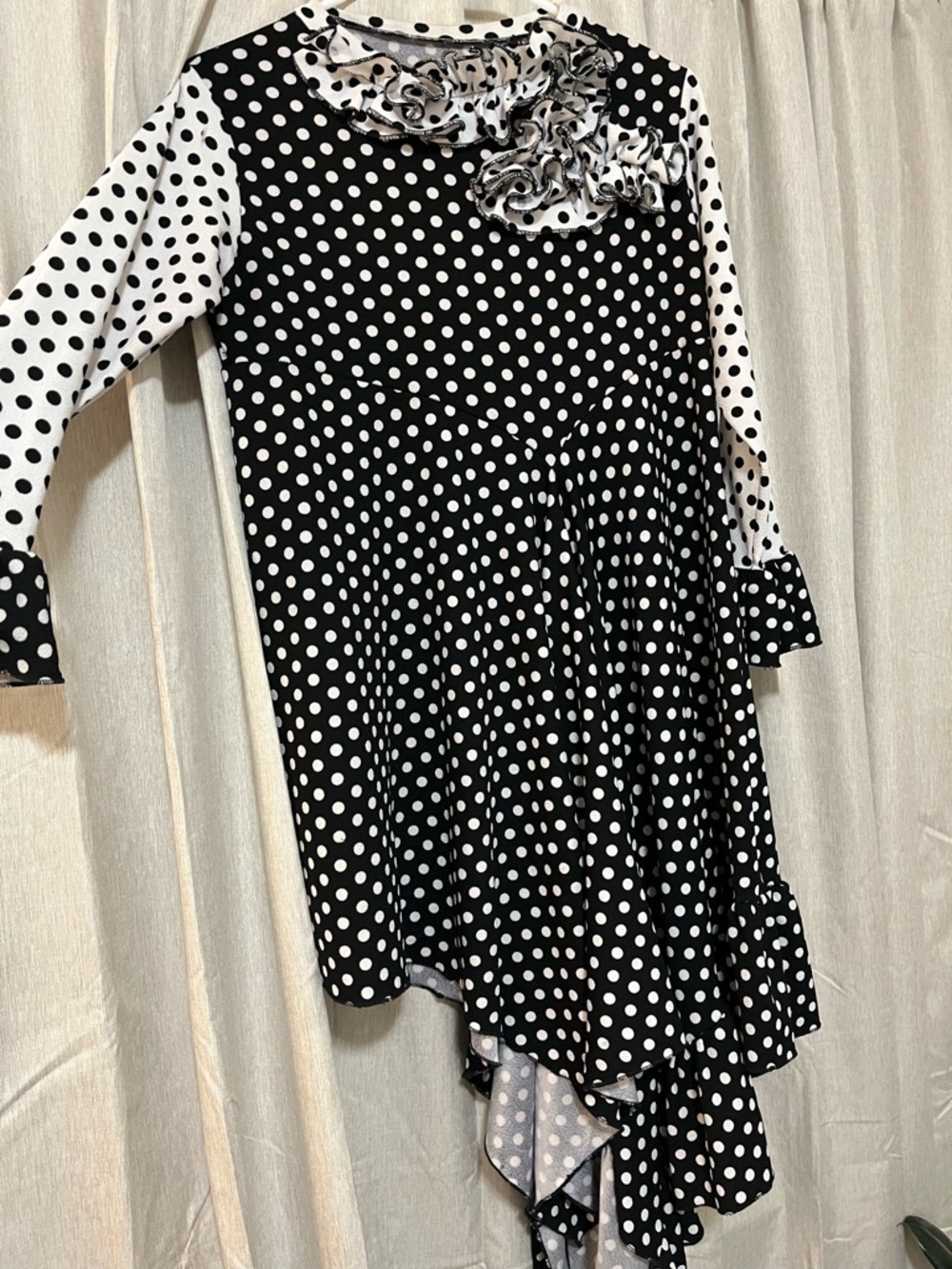 Polka Dot Asymmetric Ruffle Dress - Black & White - Picture 2 of 5